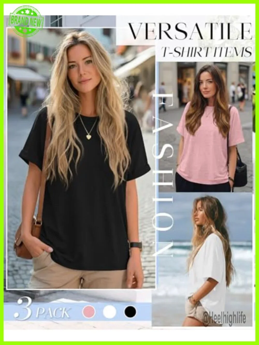 Oversized T-Shirts 3 Pack Dolman Drop Sleeve Soft Stretch Crew Neck Tee